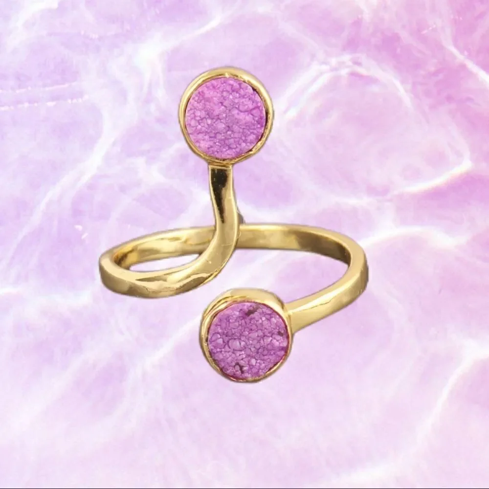 Pink Purple Sugar Druzy Yellow Gold Plated Brass Snake Shape Adjustable Ring